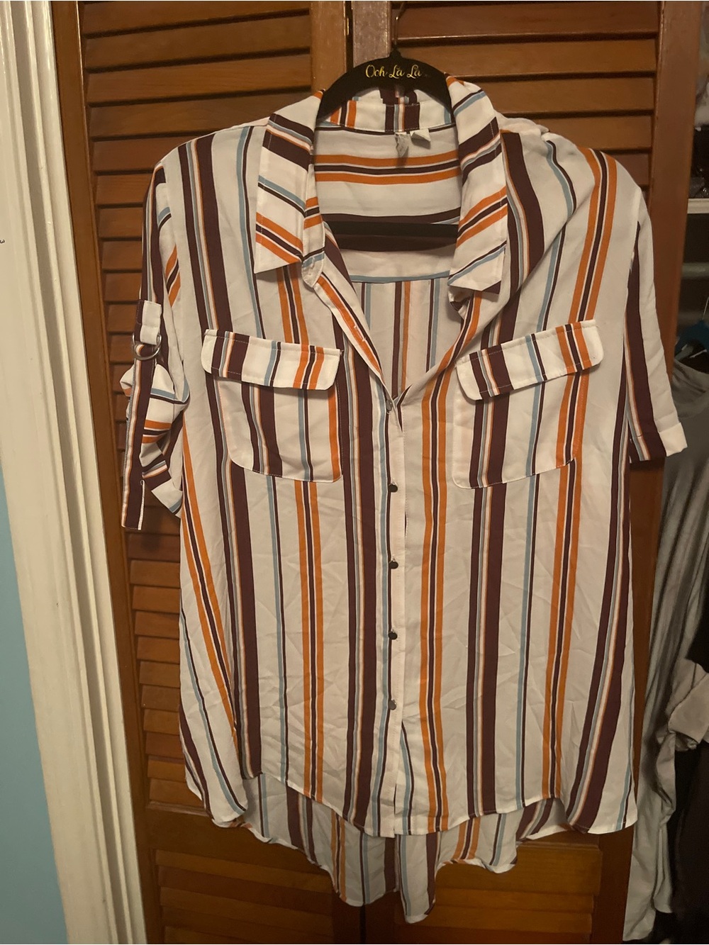 Cato White Short-Sleeve Button-Down Shirt with Brown & Orange Stripes